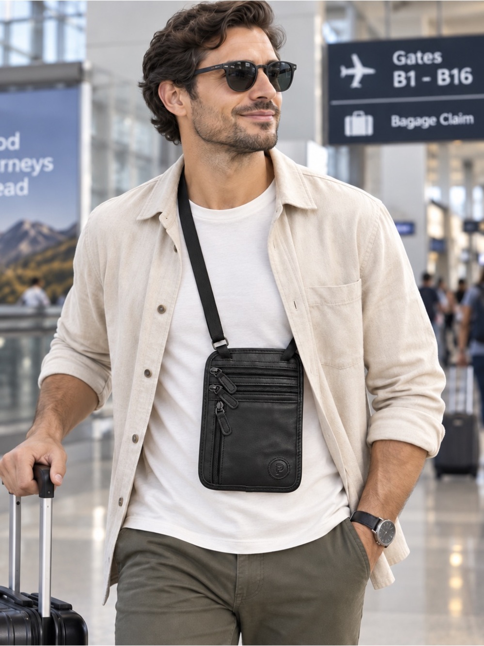 Black Leather Travel Neck Wallet Crossbody Organizer Passport Bag Multi-Zip